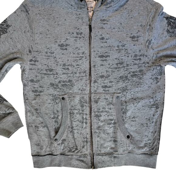 Buffalo David Bitton Sweatshirt Jacket Mens L Gray Distressed Look Printed Logo - Picture 2 of 16